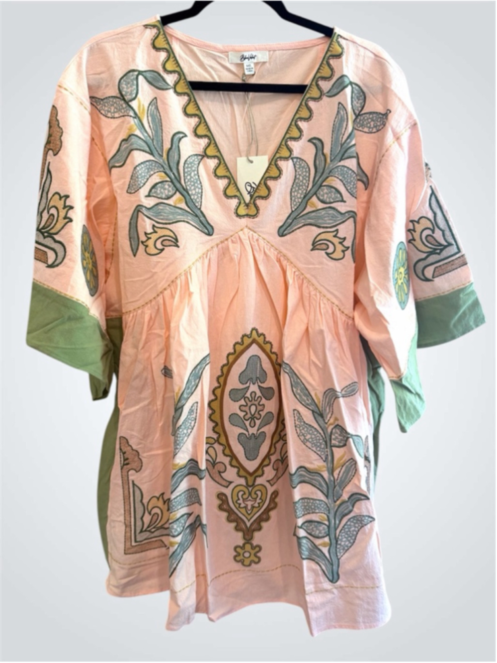 Blue Velvet Cotton/Linen Blend Embroidered Mini Dress in Salmon/Sage Size L/XL